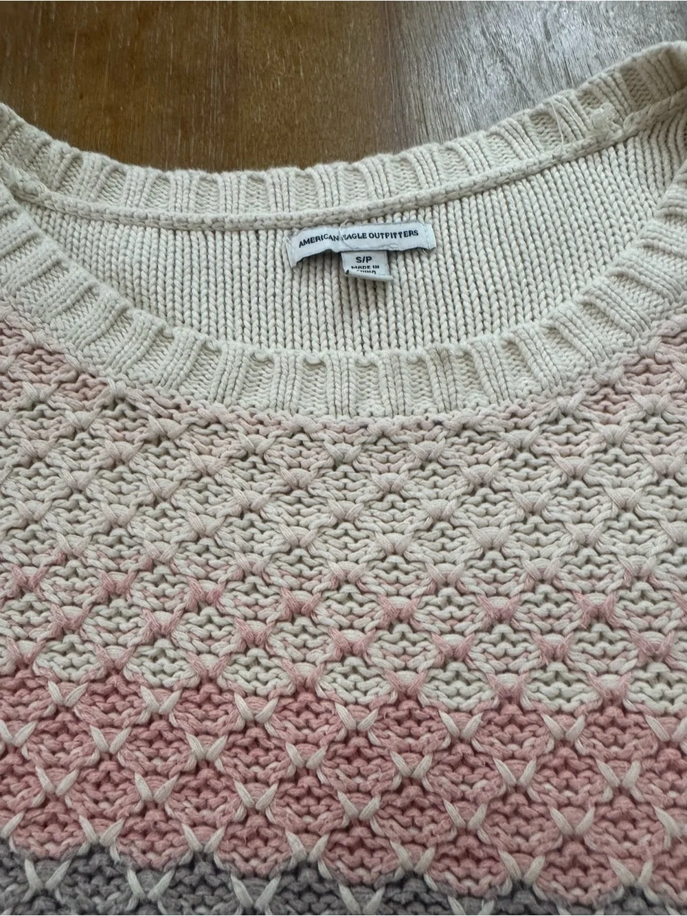 American Eagle Crew Neck Sweater in Cream with Pink, Gray & Yellow Accents